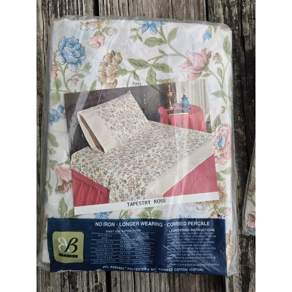 Vintage Bibb Double Full Fitted Flat 2 Pillow Sheet Set Tapestry Rose Floral New
